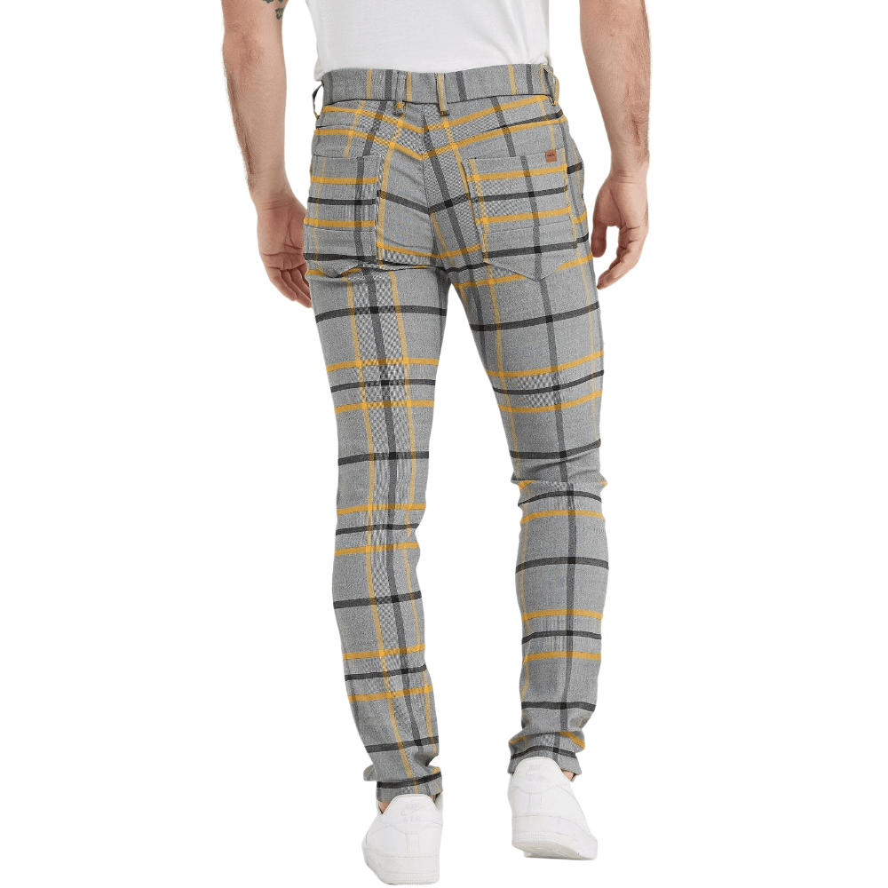 Plaid&Plain Grey Yellow Plaid Skinny Men's Chinos | Slacks Tapered Trousers - Plaid&Plain-7301-Grey-Yellow-28X28