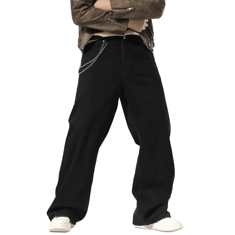 Plaid&Plain Men's Black Baggy Jeans | Wide Leg Denim Pants for Hip Hop & Skateboarding - Plaid&Plain-B01-Black-28X28
