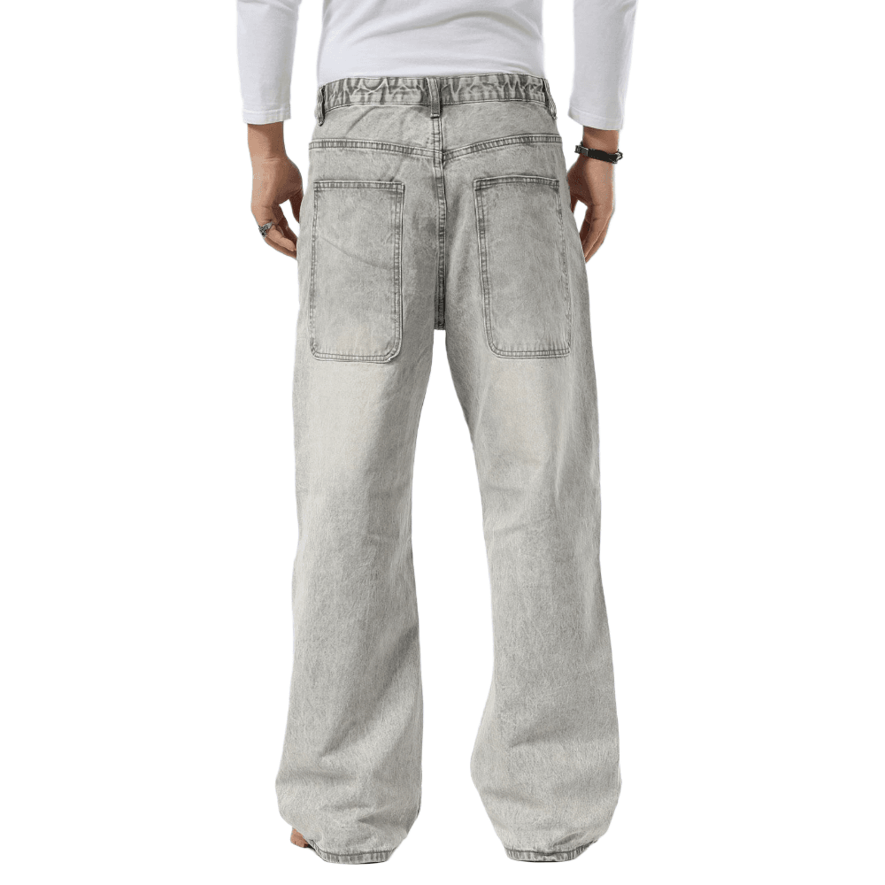 Plaid&Plain Men's Washed Grey Baggy Jeans | Wide Leg Denim Pants for Hip Hop & Skateboarding - Plaid&Plain-B01-Washed Grey-28X28