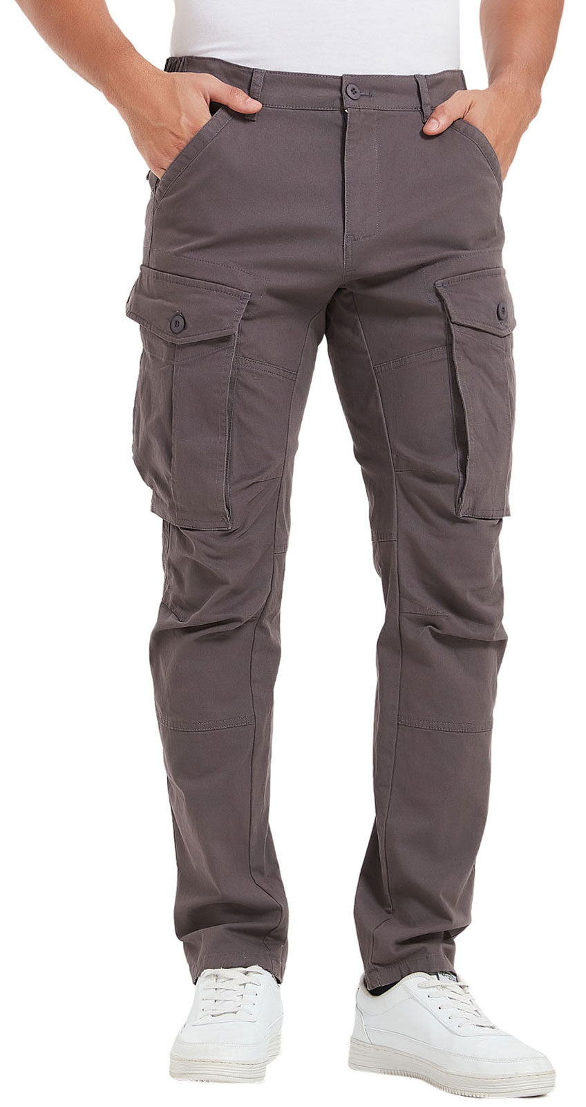 Plaid&Plain Men's Grey Slim Fit Cargo Pants | Tactical Utility with Articulated Knees | Outdoor Hiking & Workwear