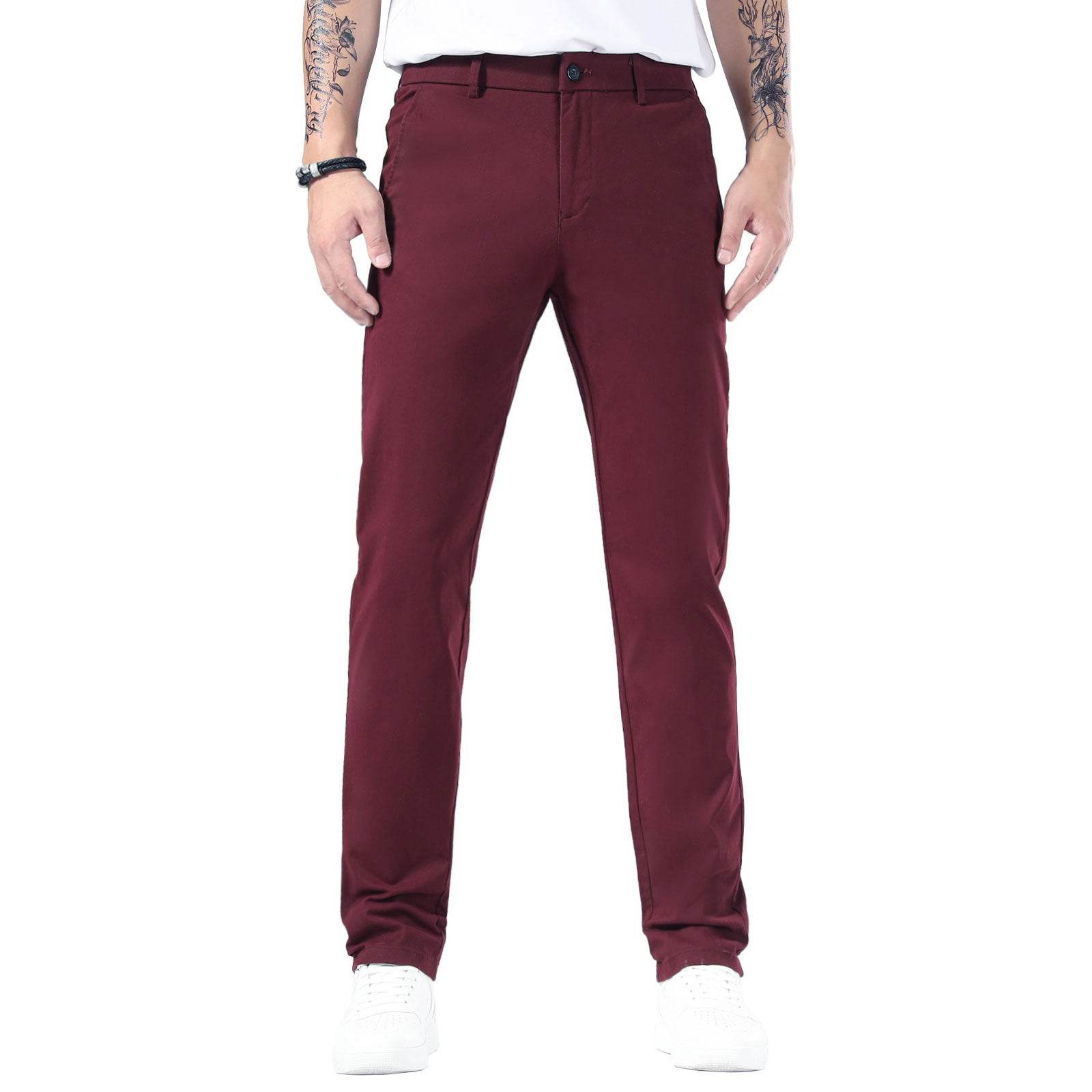 Plaid&Plain Burgundy Men’s Slim - Fit Chinos| Men’s Tapered Chino Pants - Plaid&Plain-8801-Burgundy-27X28