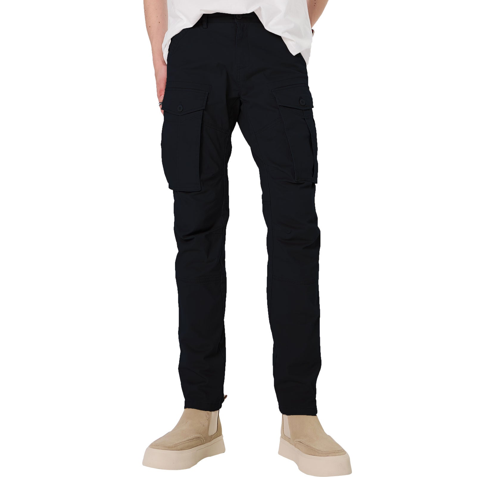 Plaid&Plain Men's Black Slim Fit Cargo Pants | Tactical Utility with Articulated Knees | Outdoor Hiking & Workwear