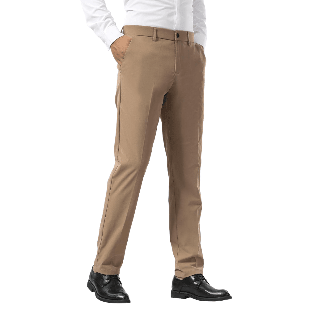 Plaid&Plain Khaki Men's Dress Pants | Slim Fit Stretch Comfy Dress Pants - Plaid&Plain-8802-Khaki-28x28