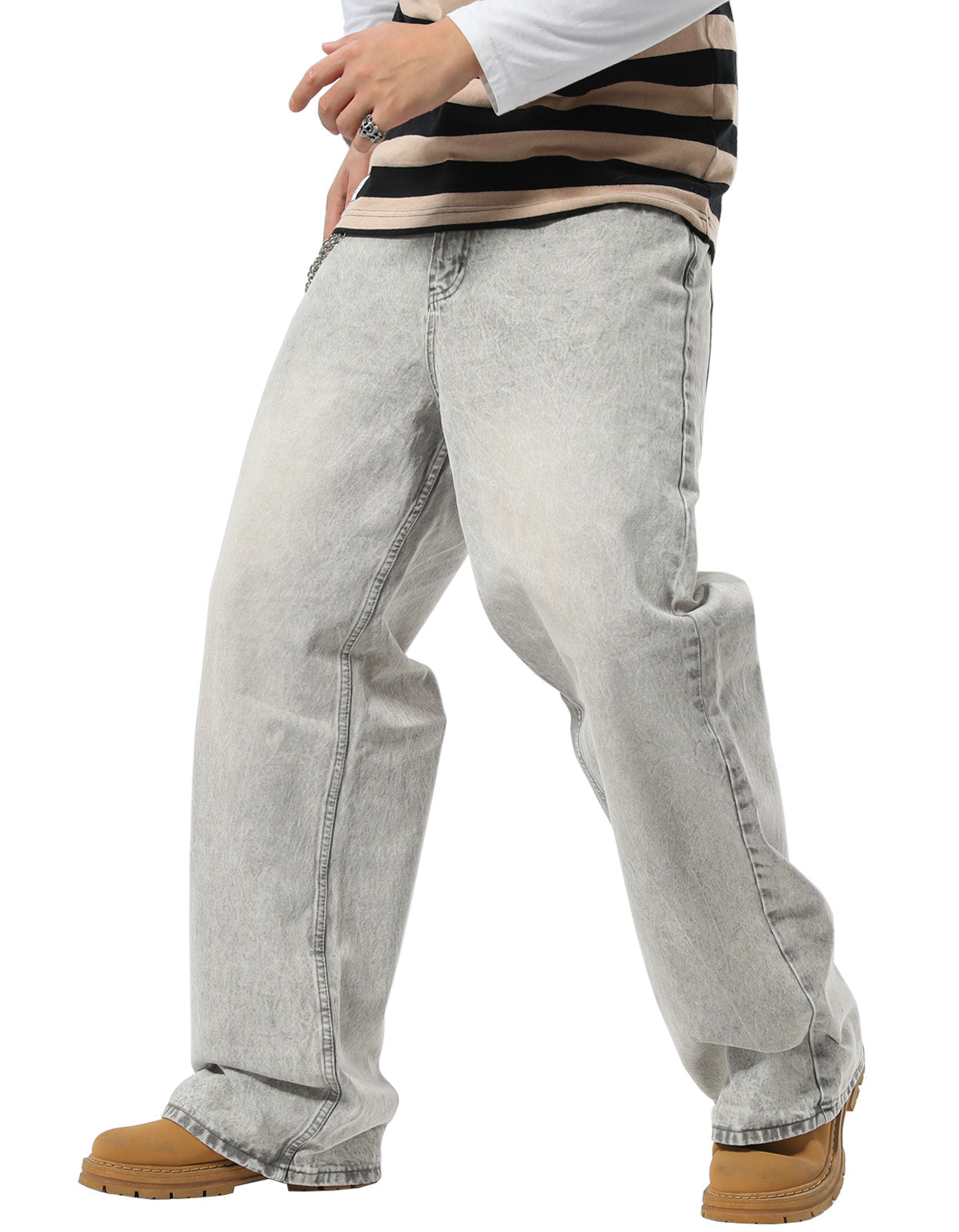 Plaid&Plain Men's Washed Grey Baggy Jeans | Wide Leg Denim Pants for Hip Hop & Skateboarding