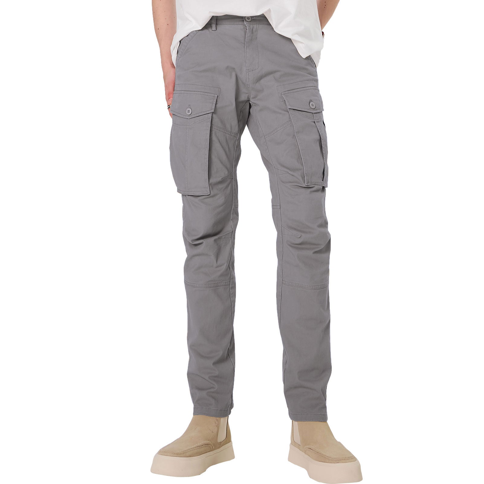 Plaid&Plain Men's Iron Grey Slim Fit Cargo Pants | Tactical Utility with Articulated Knees | Outdoor Hiking & Workwear
