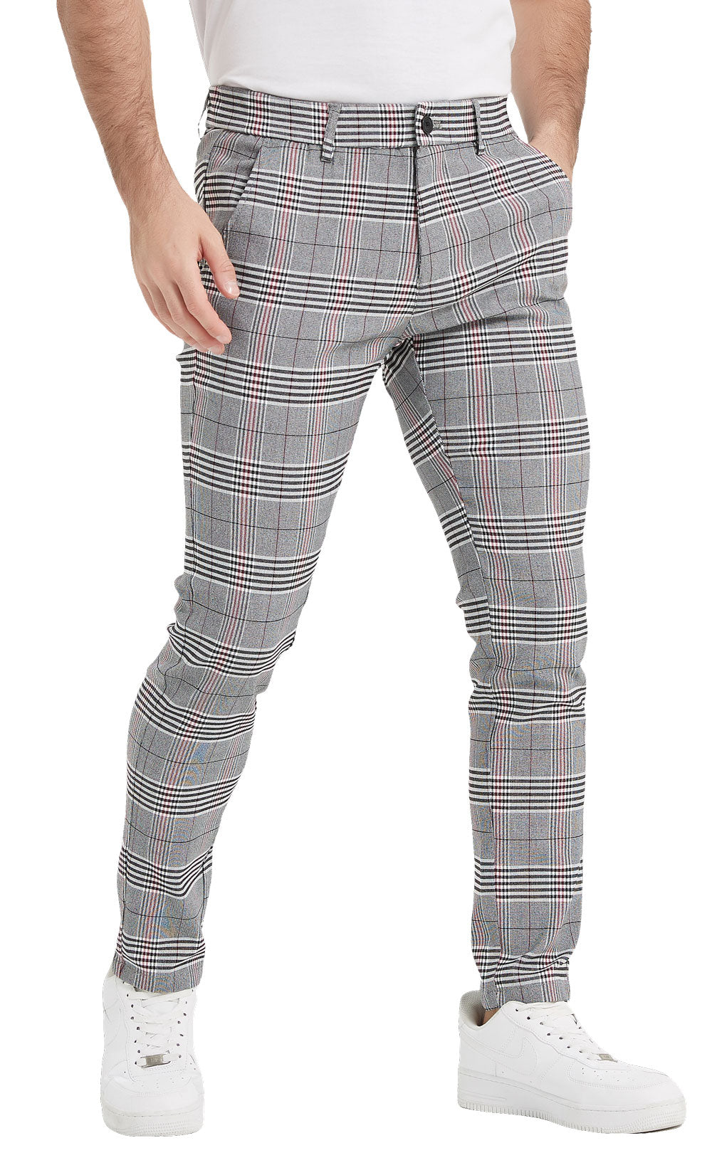 Plaid&Plain Men's Grey Plaid Skinny Chinos | Slacks Tapered Trousers