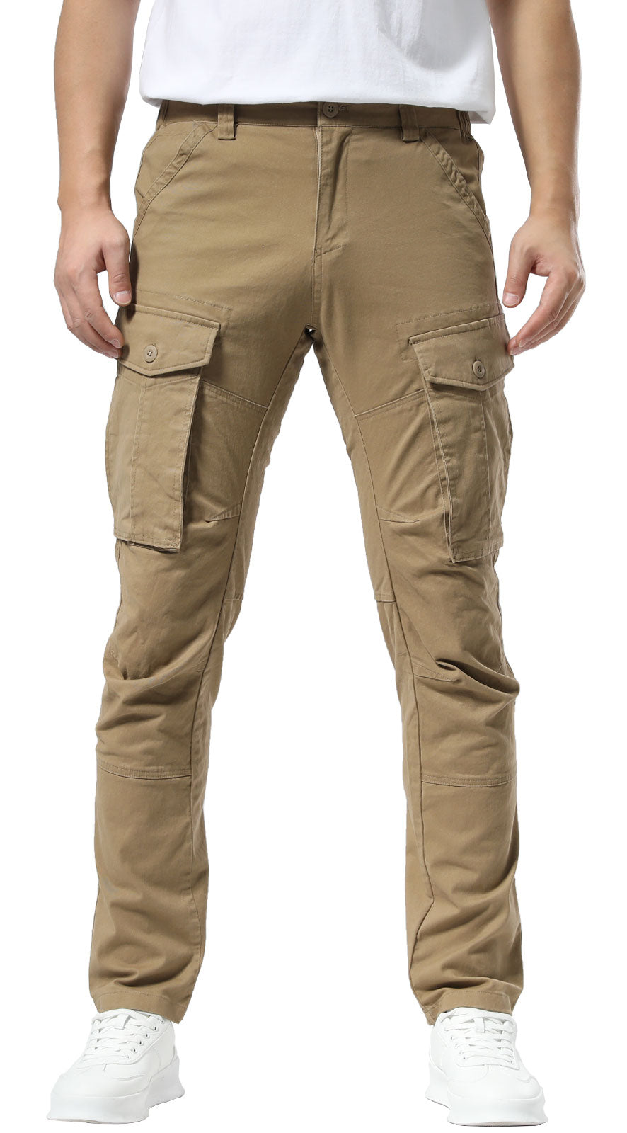 Plaid&Plain Men's Dark Pebble Khaki Slim Fit Cargo Pants | Tactical Utility with Articulated Knees | Outdoor Hiking & Workwear