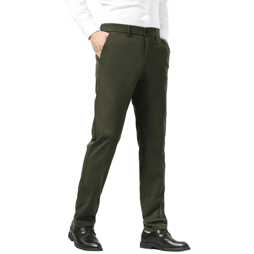 Plaid&Plain Olive Men's Dress Pants | Slim Fit Stretch Comfy Dress Pants - Plaid&Plain-8802-Olive-28x28