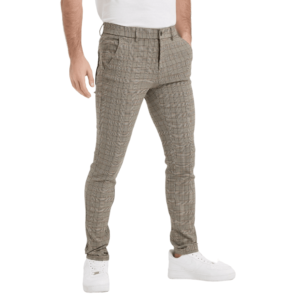 Plaid&Plain Men's Plaid Skinny Stretchy Khaki Chinos | Slacks Tapered Trousers - Plaid&Plain-7301-Khaki-28X28