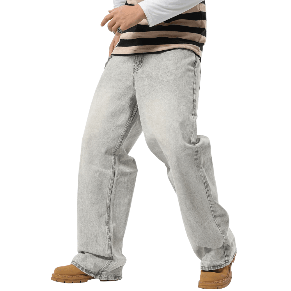 Plaid&Plain Men's Washed Grey Baggy Jeans | Wide Leg Denim Pants for Hip Hop & Skateboarding - Plaid&Plain-B01-Washed Grey-28X28