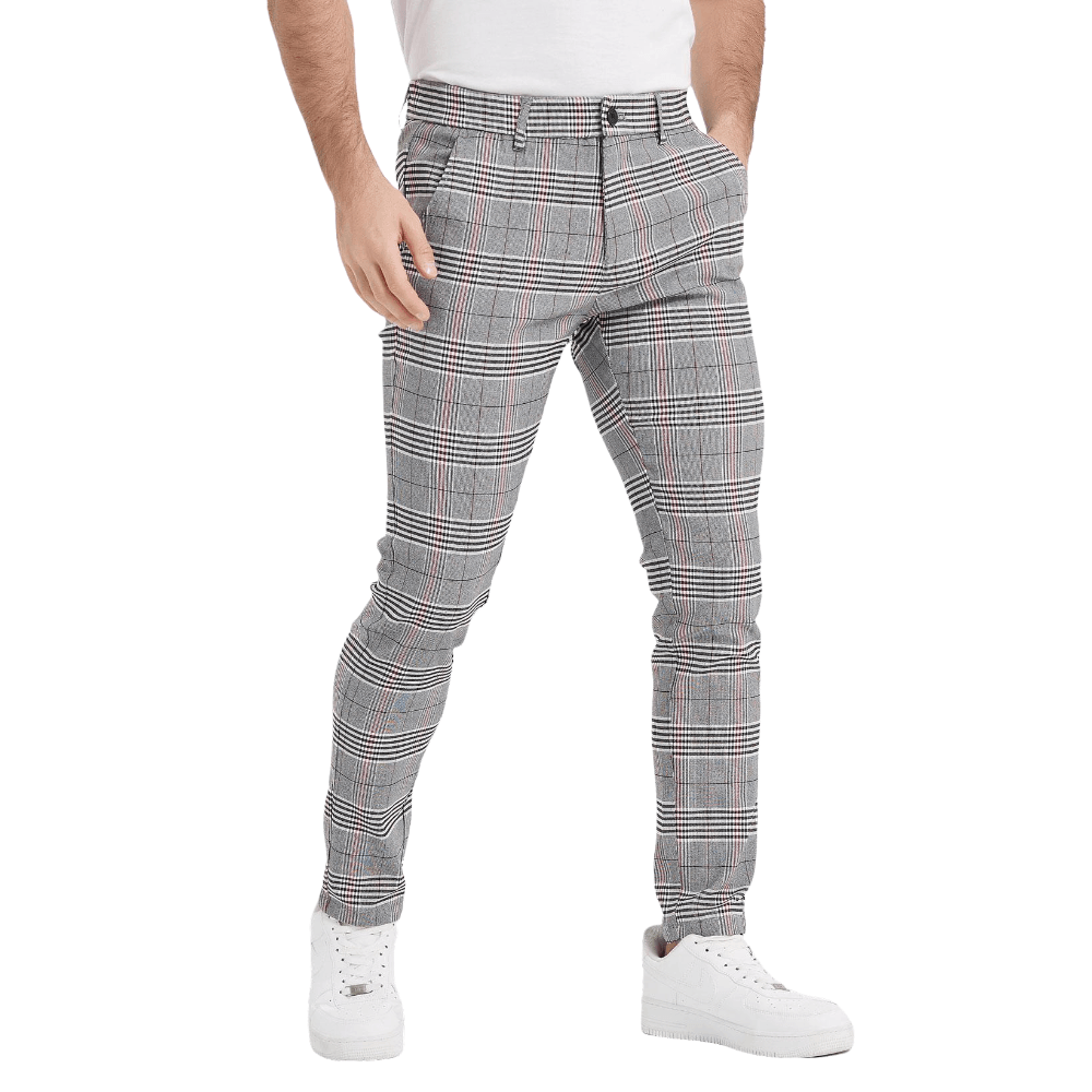 Plaid&Plain Men's Grey Plaid Skinny Chinos | Slacks Tapered Trousers - Plaid&Plain-7301-Grey-28X28