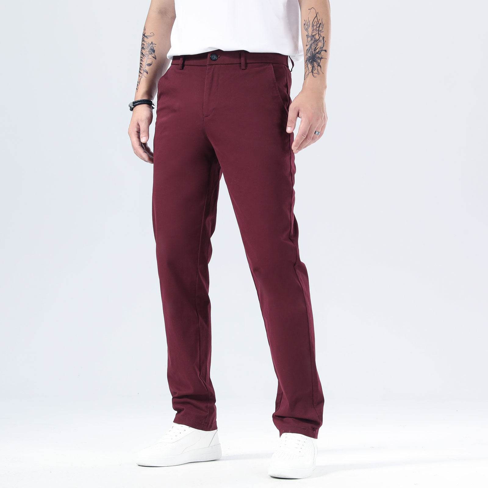 Plaid&Plain Burgundy Men’s Slim - Fit Chinos| Men’s Tapered Chino Pants - Plaid&Plain-8801-Burgundy-27X28