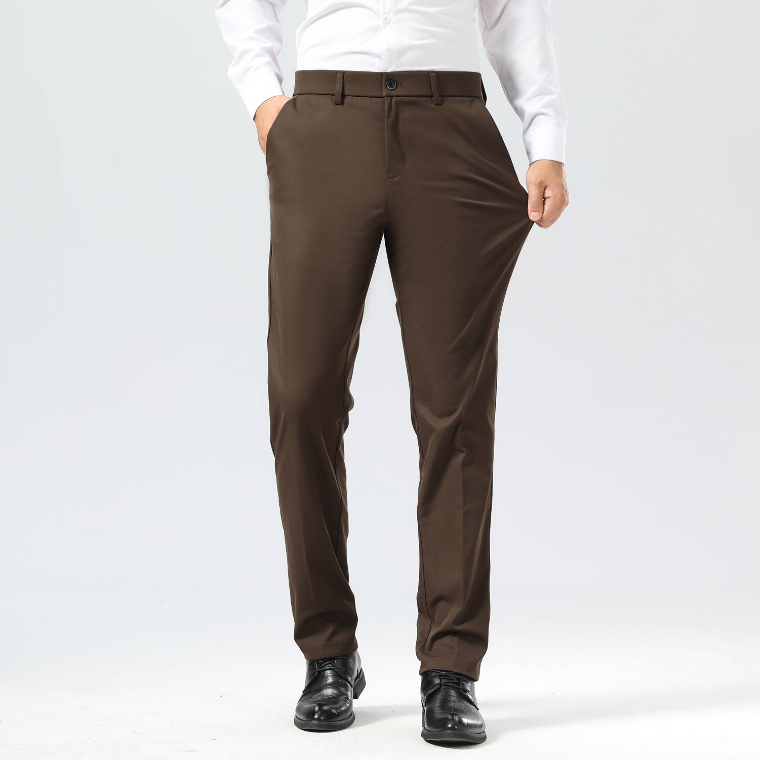 Plaid&Plain Brown Men's Dress Pants | Slim Fit Stretch Comfy Dress Pants