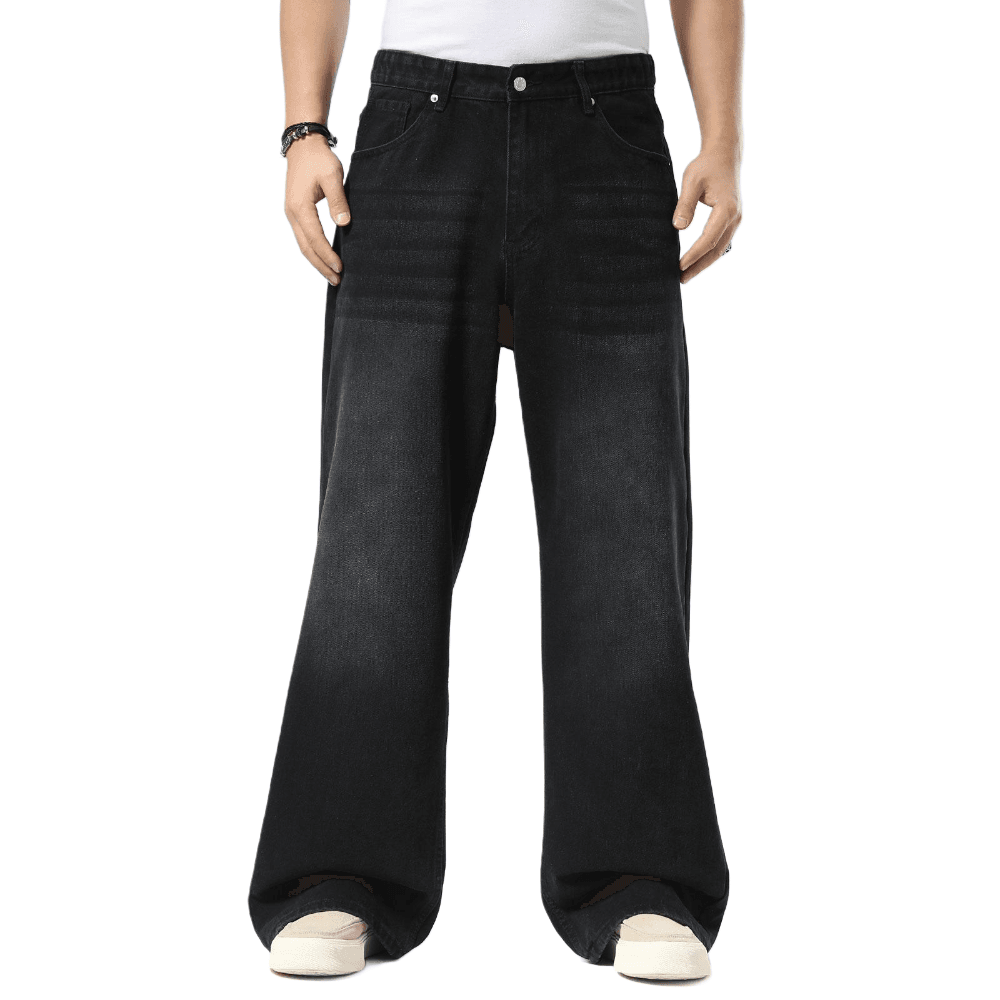 Plaid&Plain Men's Washed Black Baggy Jeans | Wide Leg Denim Pants for Hip Hop & Skateboarding - Plaid&Plain-B01-Washed Black-28X28