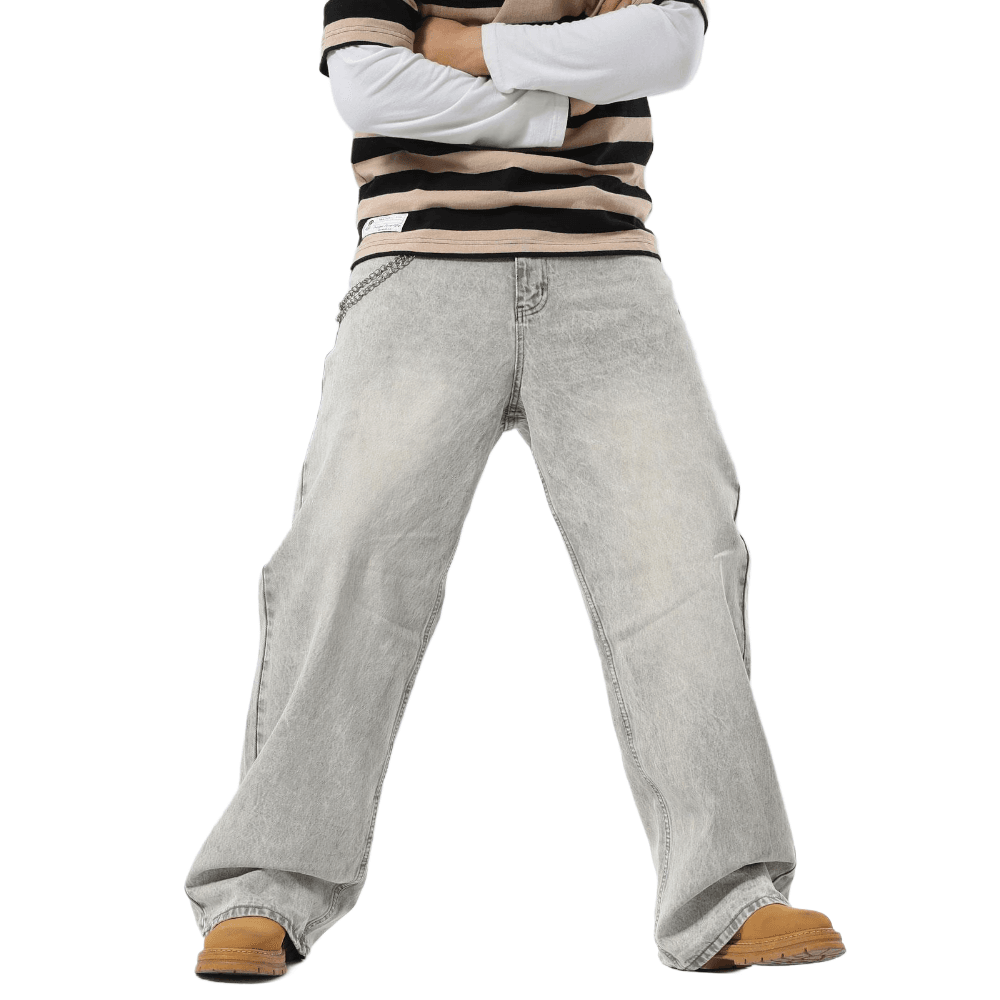 Plaid&Plain Men's Washed Grey Baggy Jeans | Wide Leg Denim Pants for Hip Hop & Skateboarding - Plaid&Plain-B01-Washed Grey-28X28