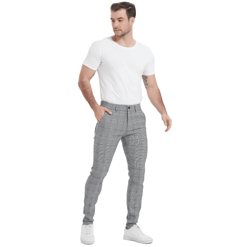 Plaid&Plain Grey Plaid Skinny Men's Chinos | Slacks Tapered Trousers - Plaid&Plain-7301-Grey-Plaid-28X28
