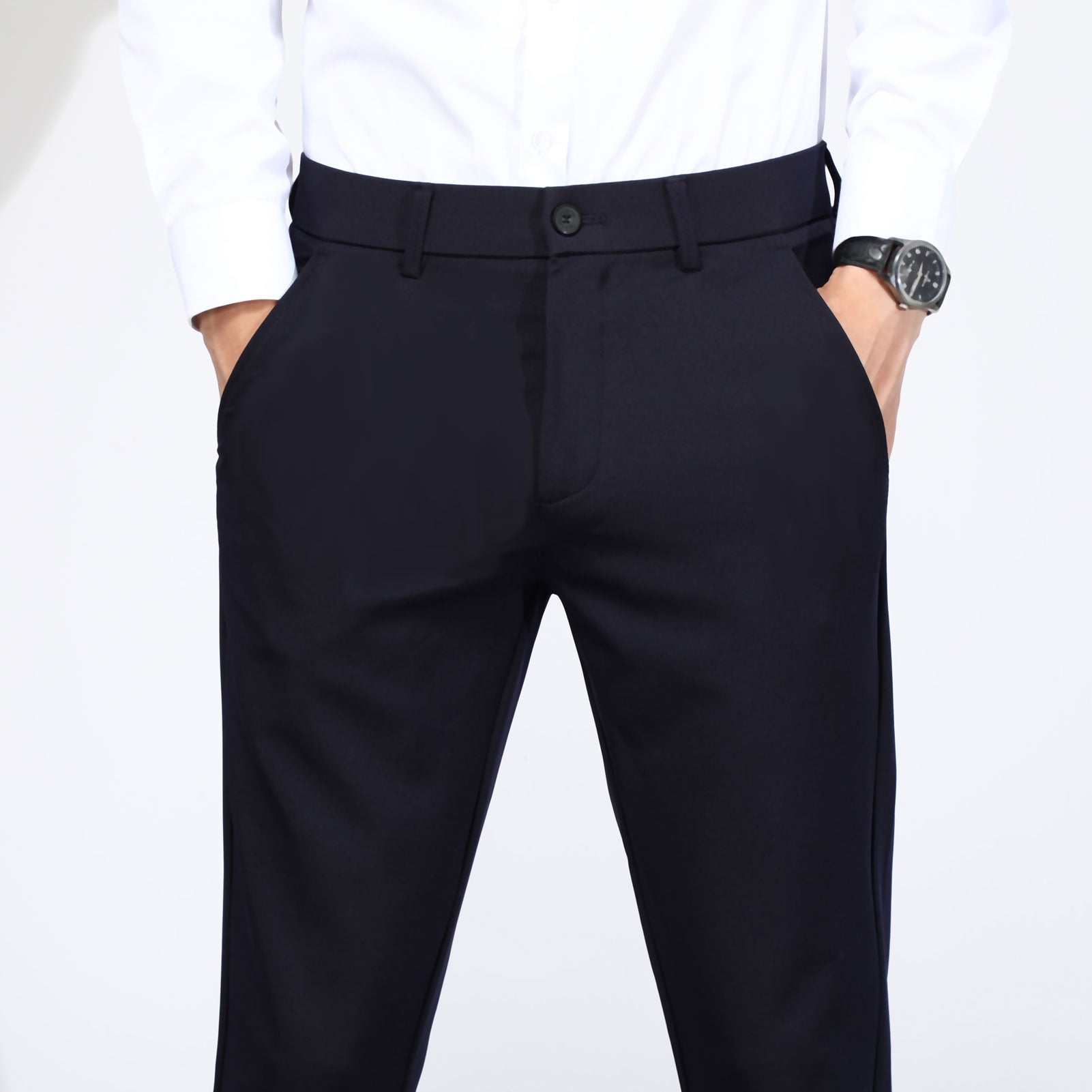 Plaid&Plain Men's Navy Blue Slim Fit Dress Pants | 4-Way Flex Stretch Suit Pants