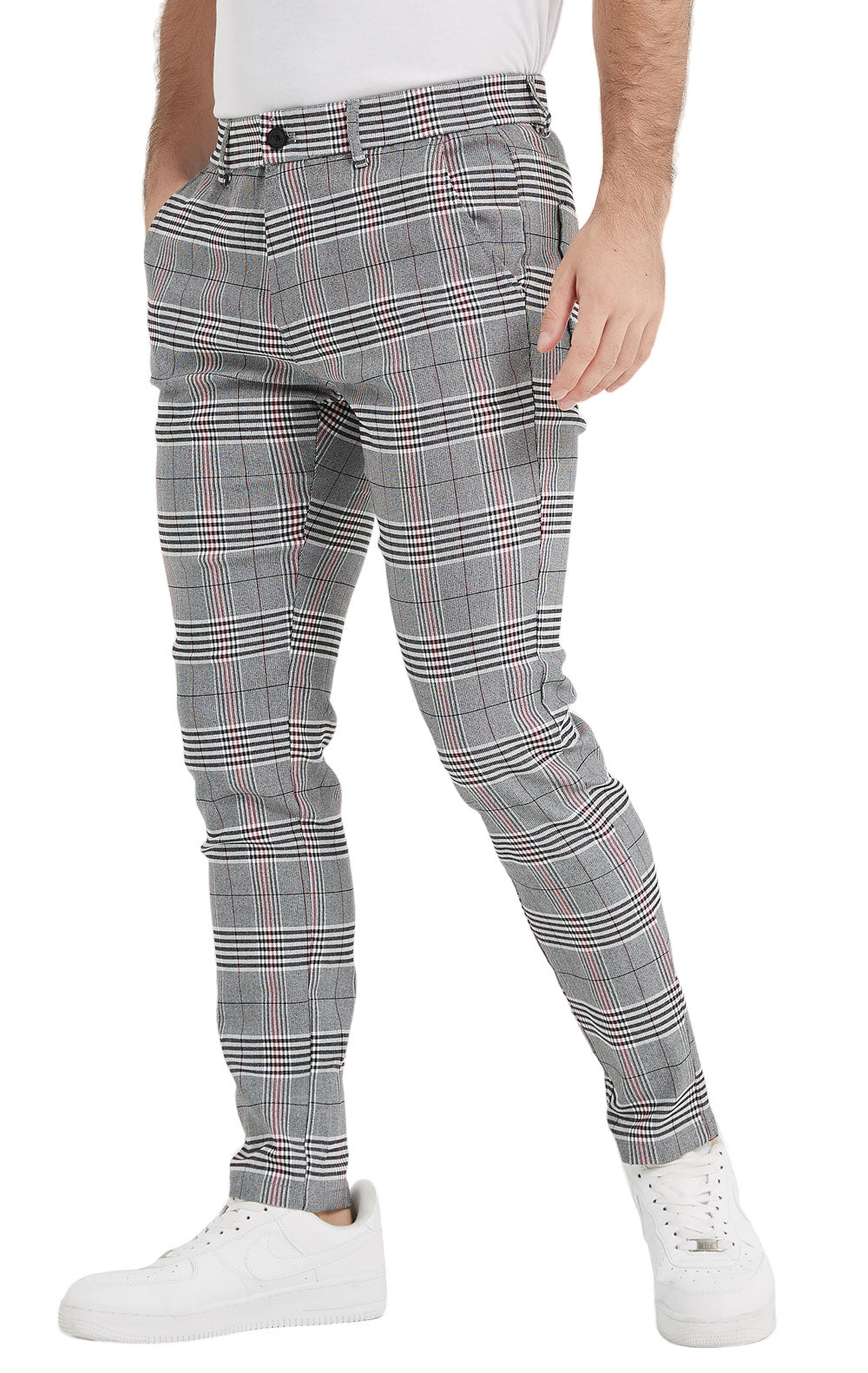 Plaid&Plain Men's Grey Plaid Skinny Chinos | Slacks Tapered Trousers