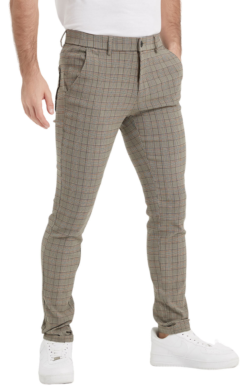 Plaid&Plain Men's Plaid Skinny Stretchy Khaki Chinos | Slacks Tapered Trousers