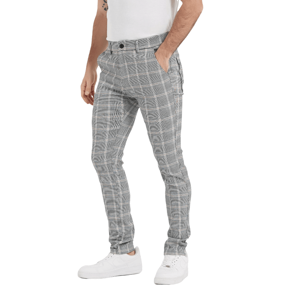 Plaid&Plain Grey Plaid Patterned Skinny Men's Chinos | Slacks Tapered Trousers - Plaid&Plain-7301-Grey-White-28X28