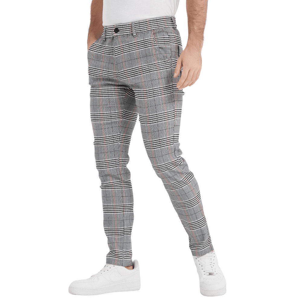 Plaid&Plain Men's Grey Plaid Skinny Chinos | Slacks Tapered Trousers - Plaid&Plain-7301-Grey-28X28