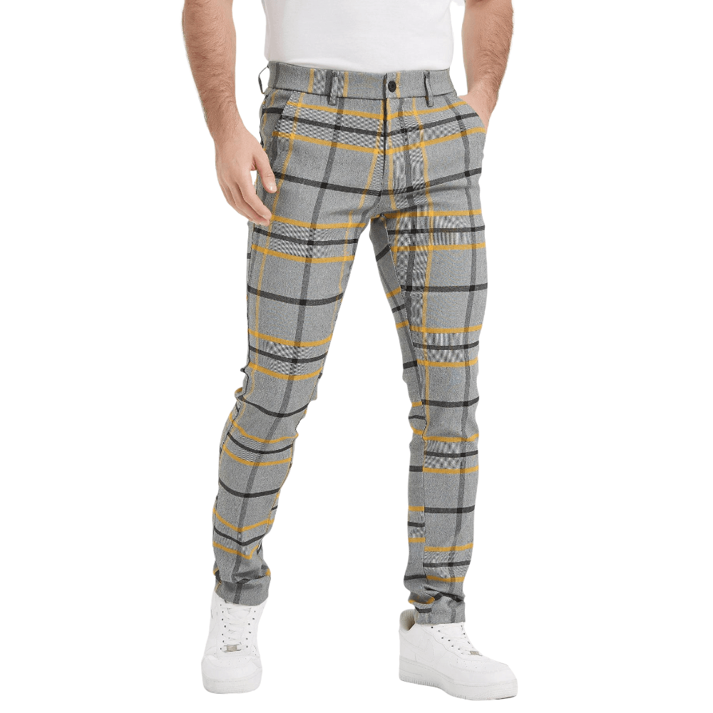 Plaid&Plain Grey Yellow Plaid Skinny Men's Chinos | Slacks Tapered Trousers - Plaid&Plain-7301-Grey-Yellow-28X28