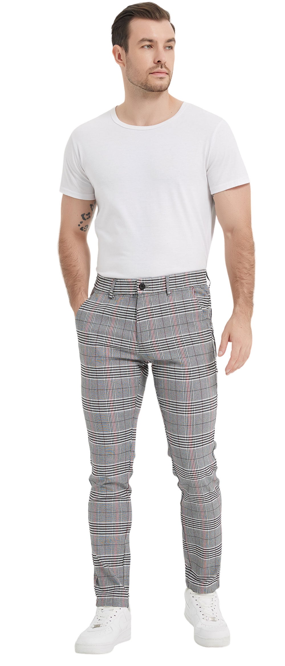 Plaid&Plain Men's Grey Plaid Skinny Chinos | Slacks Tapered Trousers