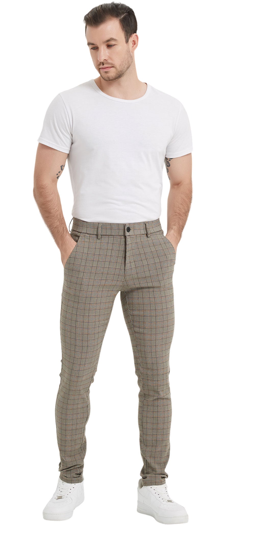 Plaid&Plain Men's Plaid Skinny Stretchy Khaki Chinos | Slacks Tapered Trousers