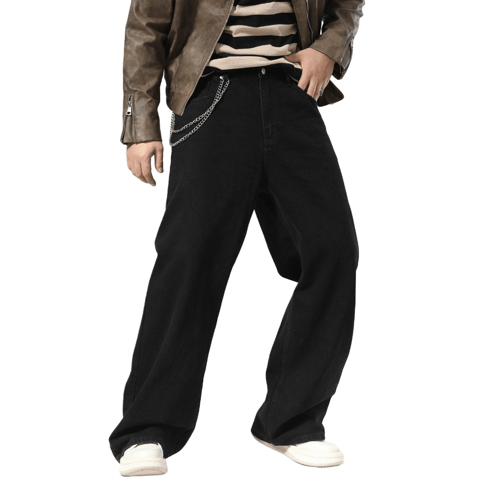 Plaid&Plain Men's Black Baggy Jeans | Wide Leg Denim Pants for Hip Hop & Skateboarding - Plaid&Plain-B01-Black-28X28