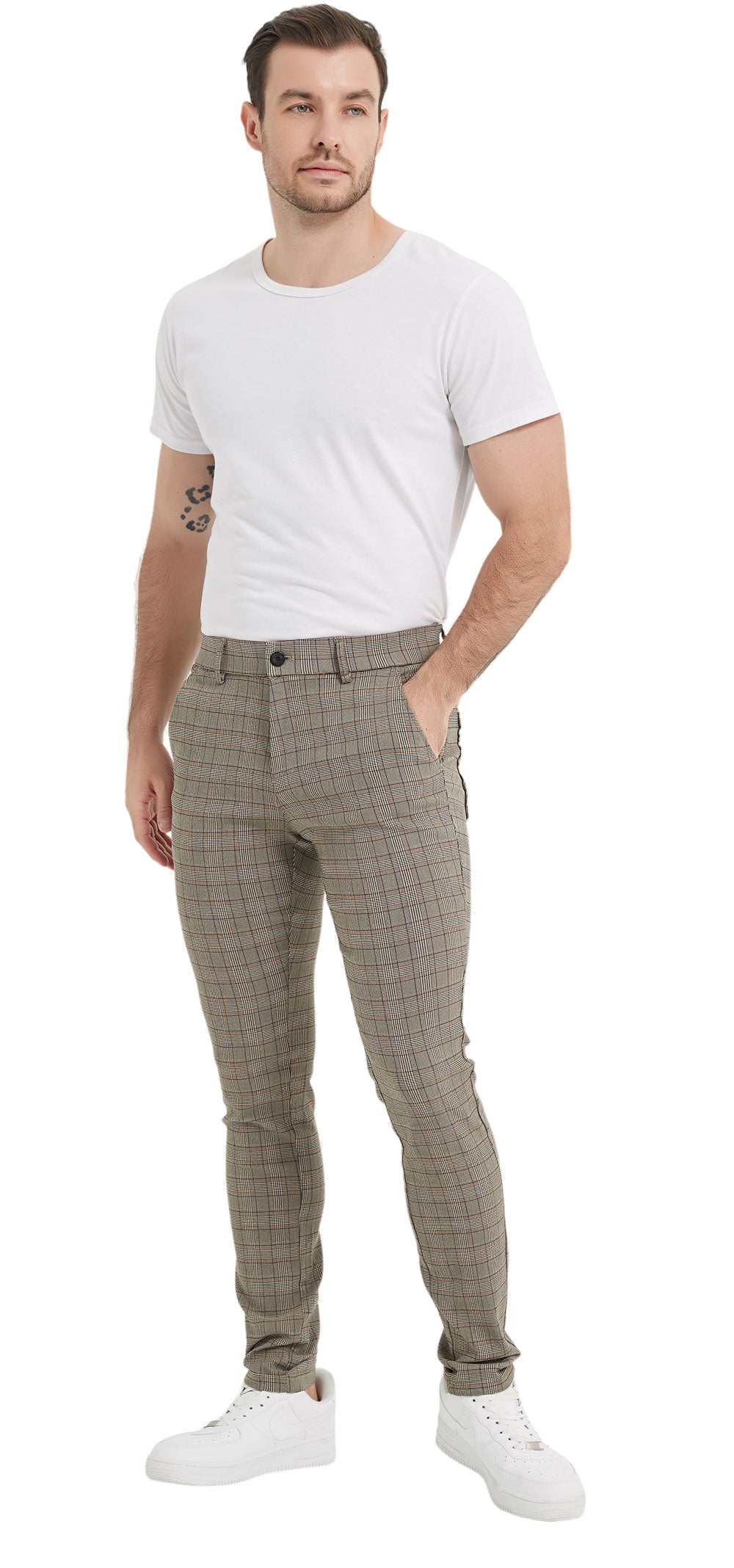 Plaid&Plain Men's Plaid Skinny Stretchy Khaki Chinos | Slacks Tapered Trousers