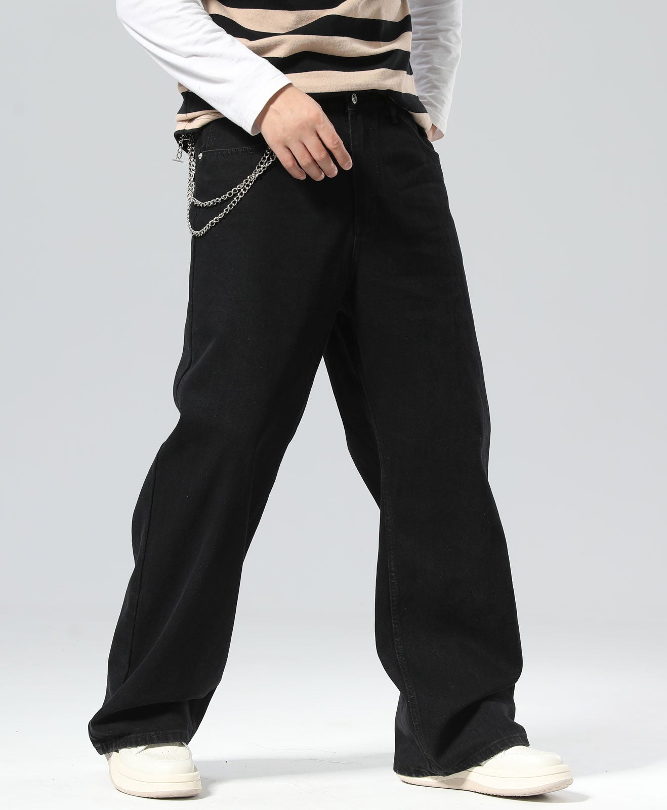 Plaid&Plain Men's Black Baggy Jeans | Wide Leg Denim Pants for Hip Hop & Skateboarding