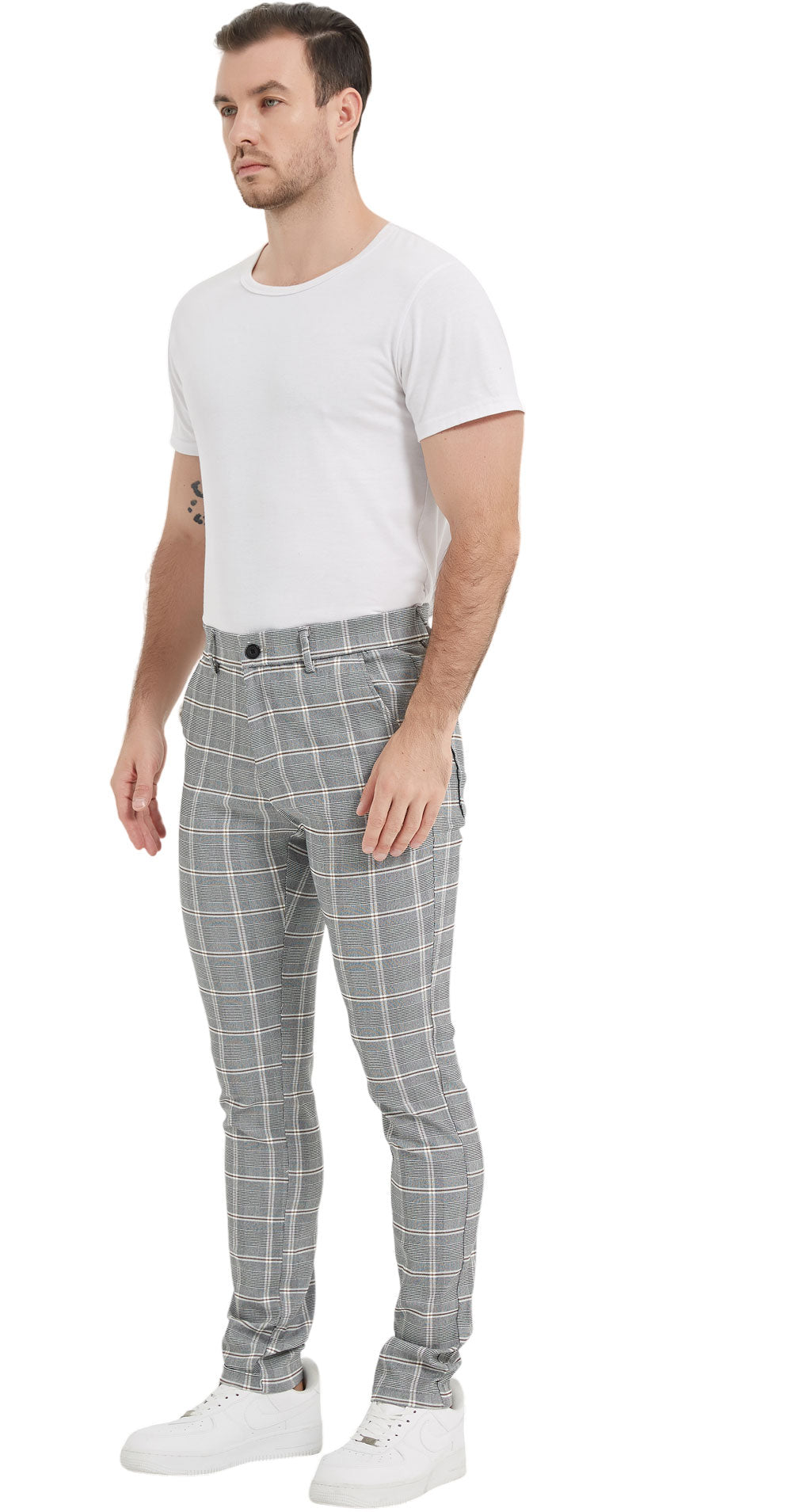 Plaid&Plain Grey Plaid Patterned Skinny Men's Chinos | Slacks Tapered Trousers