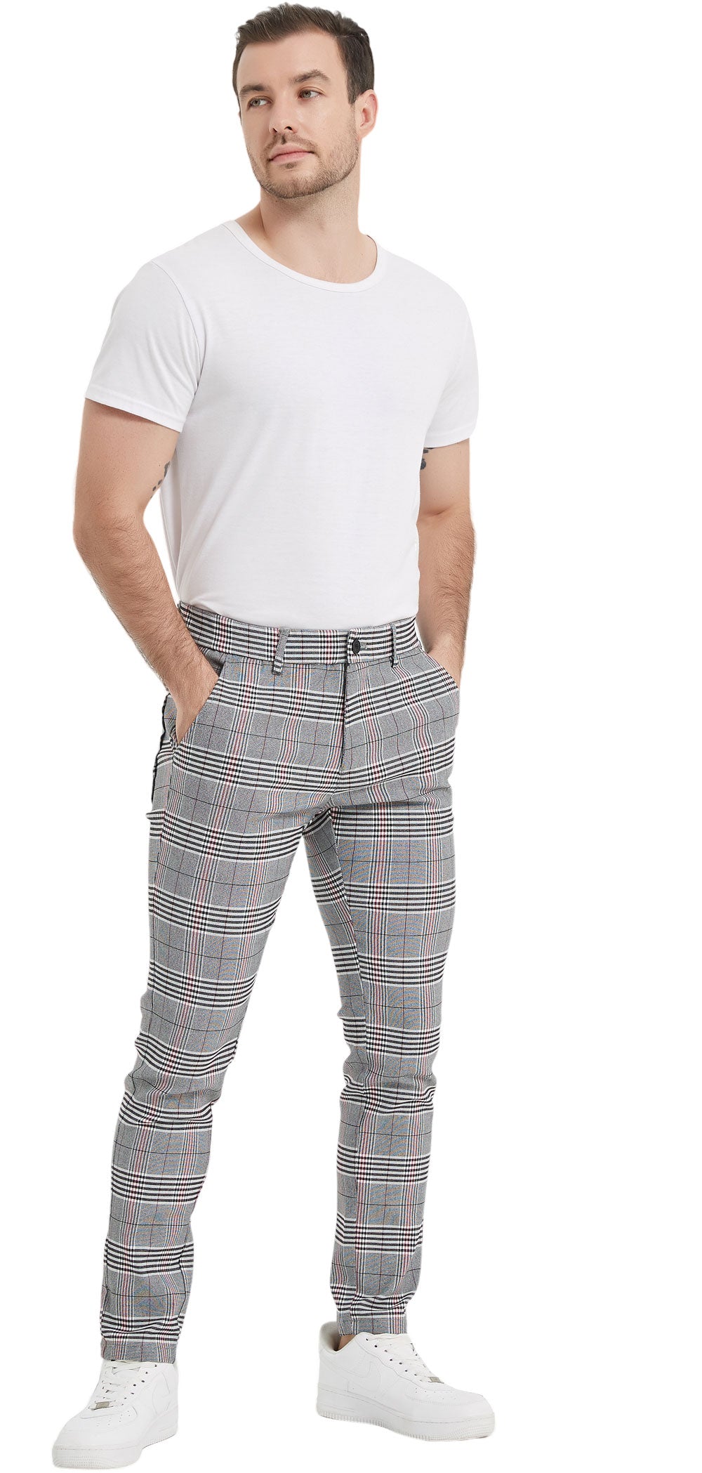 Plaid&Plain Men's Grey Plaid Skinny Chinos | Slacks Tapered Trousers