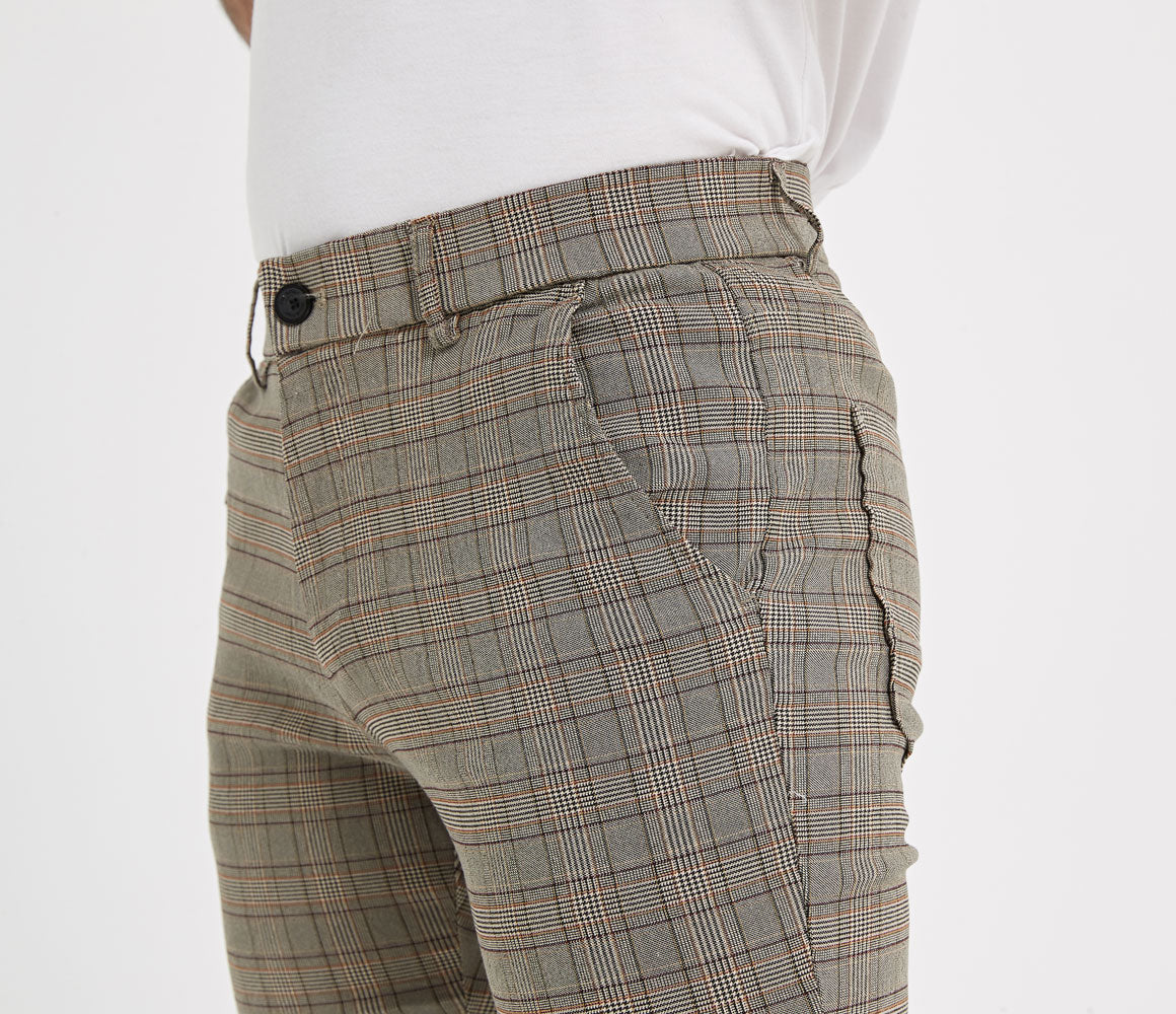 Plaid&Plain Men's Plaid Skinny Stretchy Khaki Chinos | Slacks Tapered Trousers