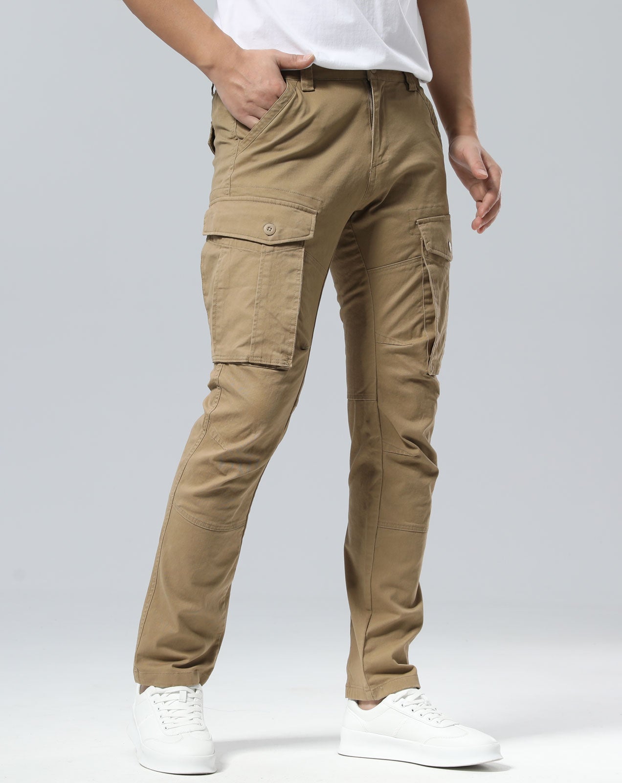 Plaid&Plain Men's Dark Pebble Khaki Slim Fit Cargo Pants | Tactical Utility with Articulated Knees | Outdoor Hiking & Workwear