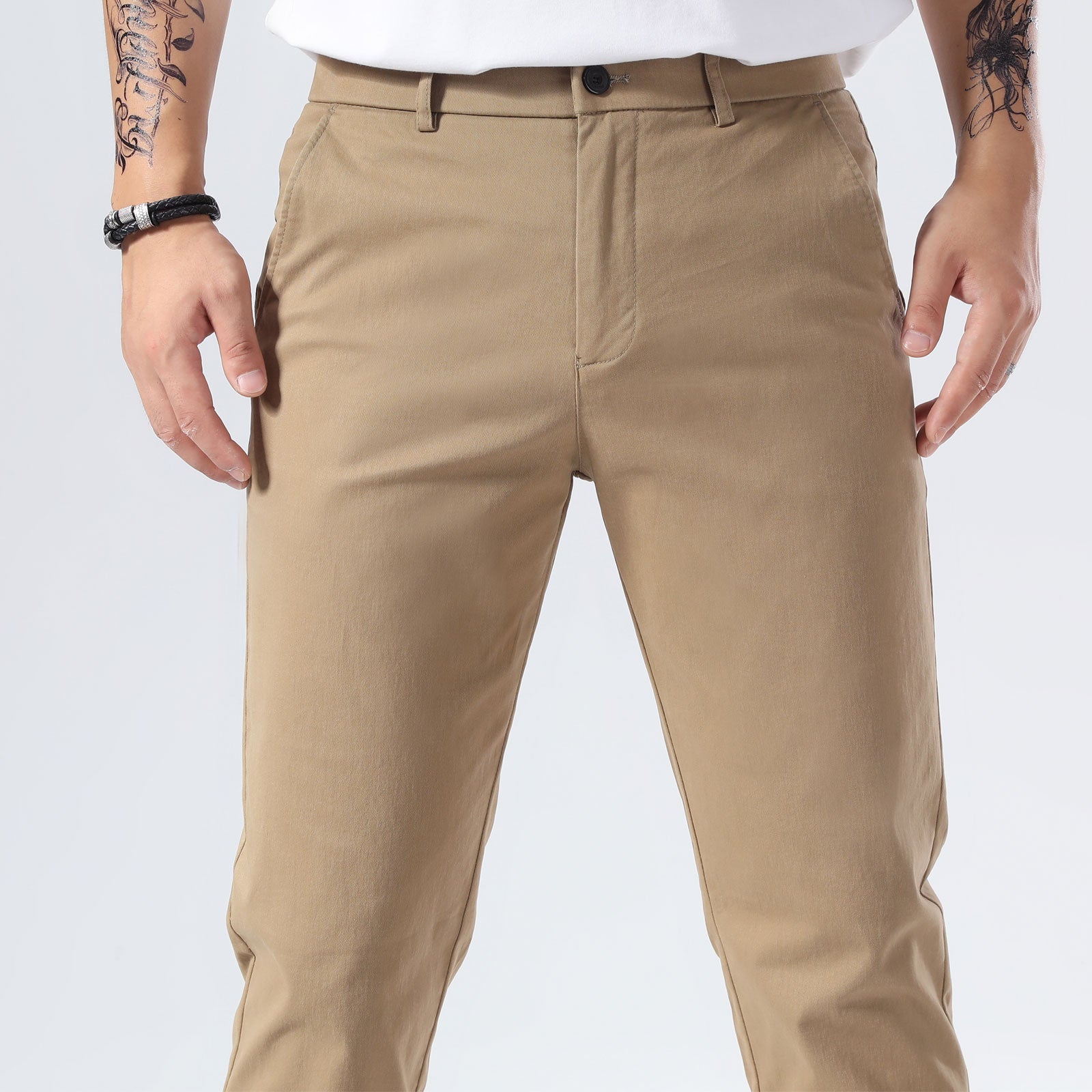 Plaid&Plain Dark Pebble Khaki Men’s Slim - Fit Chinos| Men’s Tapered Chino Pants