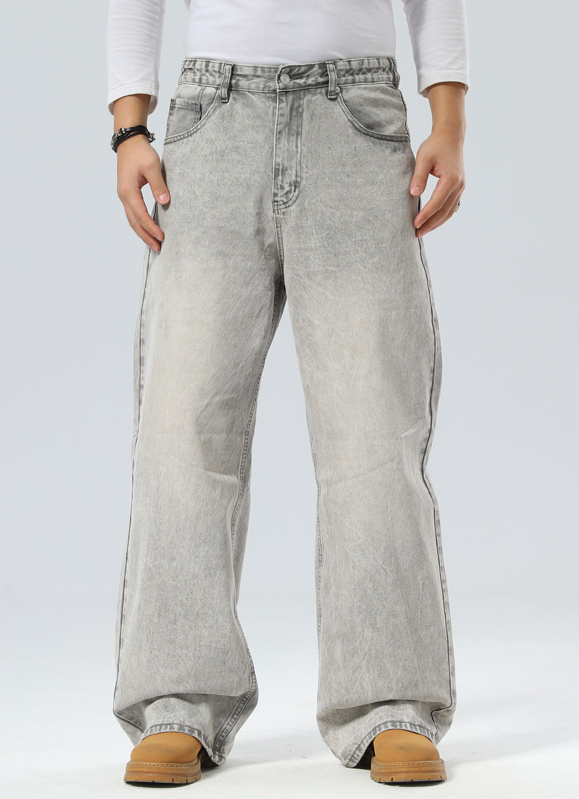 Plaid&Plain Men's Washed Grey Baggy Jeans | Wide Leg Denim Pants for Hip Hop & Skateboarding