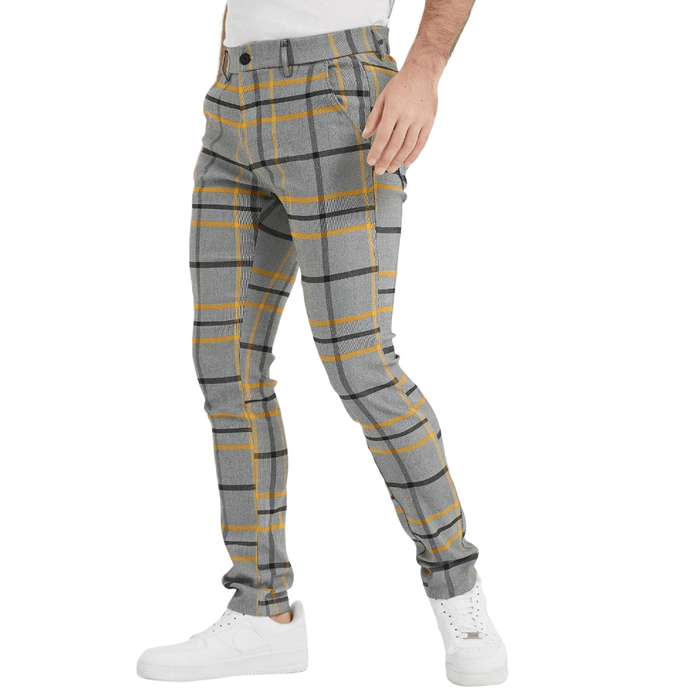 Plaid&Plain Grey Yellow Plaid Skinny Men's Chinos | Slacks Tapered Trousers - Plaid&Plain-7301-Grey-Yellow-28X28