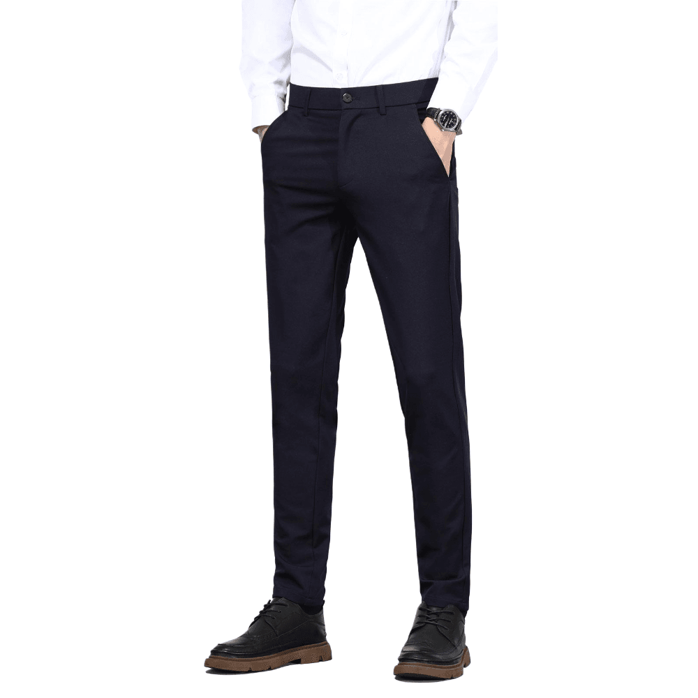 Plaid&Plain Men's Navy Blue Slim Fit Dress Pants | 4-Way Flex Stretch Suit Pants - Plaid&Plain-603-Navy Blue-27X28
