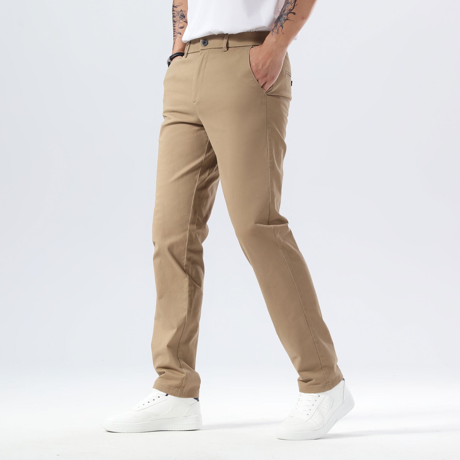 Plaid&Plain Dark Pebble Khaki Men’s Slim - Fit Chinos| Men’s Tapered Chino Pants