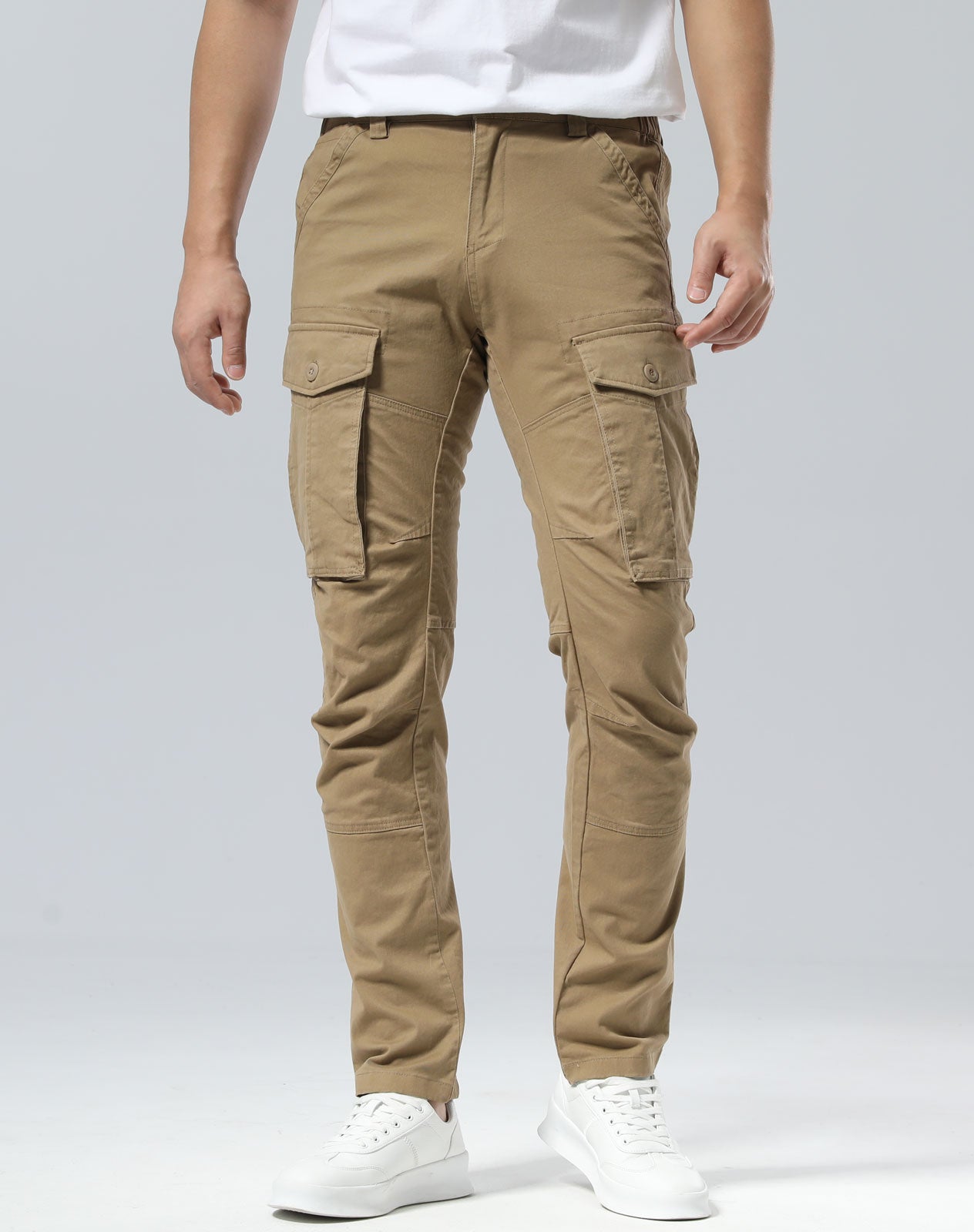 Plaid&Plain Men's Dark Pebble Khaki Slim Fit Cargo Pants | Tactical Utility with Articulated Knees | Outdoor Hiking & Workwear