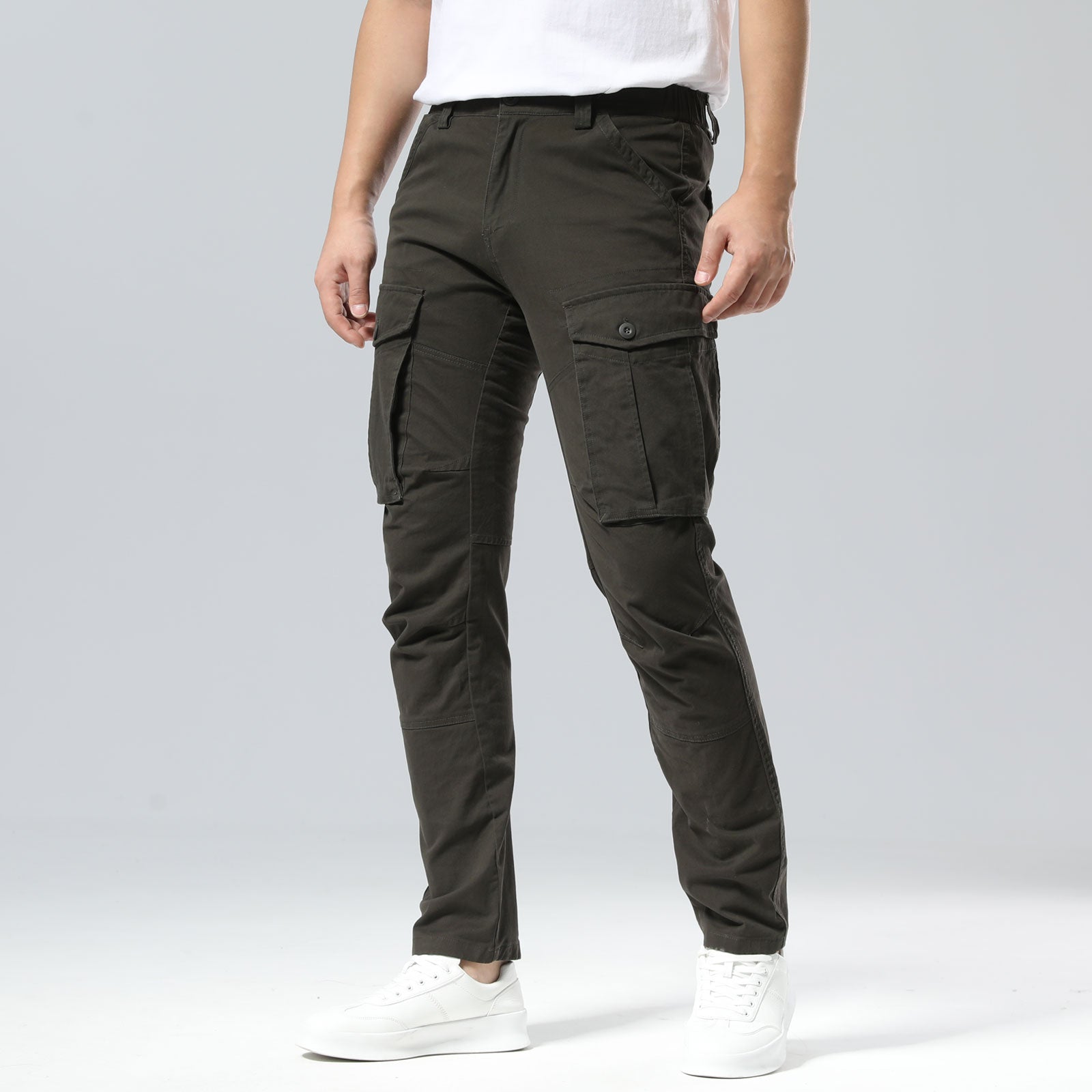 Plaid&Plain Men's Charcoal Slim Fit Cargo Pants | Tactical Utility with Articulated Knees | Outdoor Hiking & Workwear