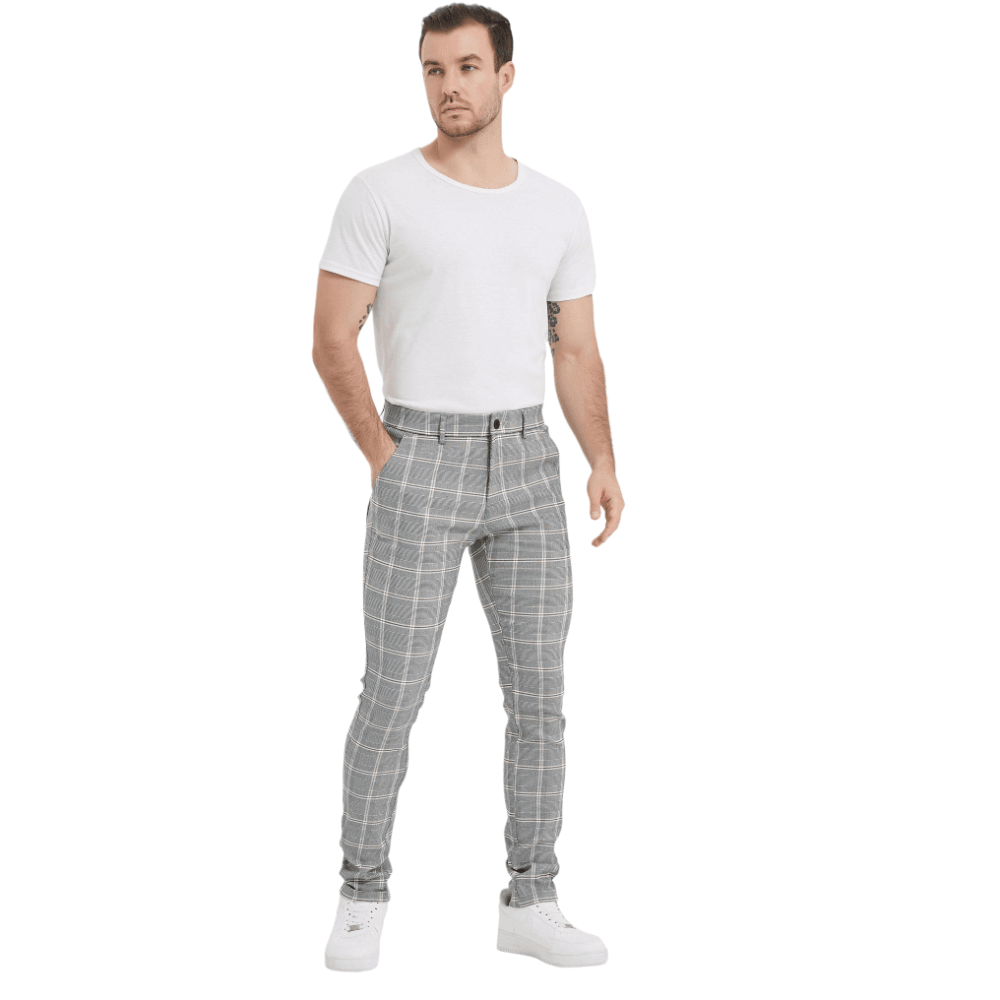 Plaid&Plain Grey Plaid Patterned Skinny Men's Chinos | Slacks Tapered Trousers - Plaid&Plain-7301-Grey-White-28X28