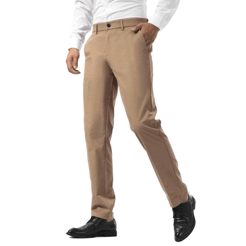 Plaid&Plain Khaki Men's Dress Pants | Slim Fit Stretch Comfy Dress Pants - Plaid&Plain-8802-Khaki-28x28