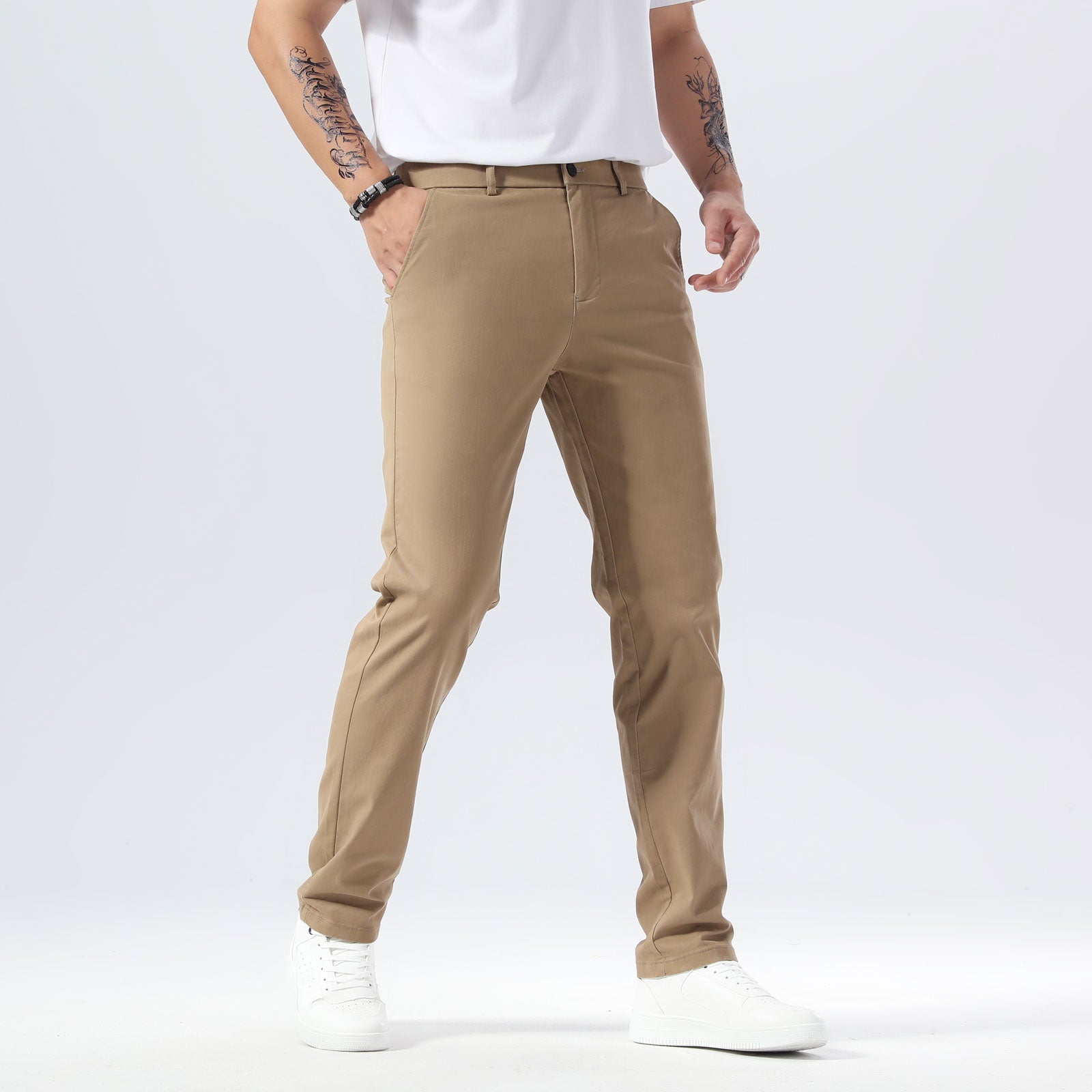 Plaid&Plain Dark Pebble Khaki Men’s Slim - Fit Chinos| Men’s Tapered Chino Pants