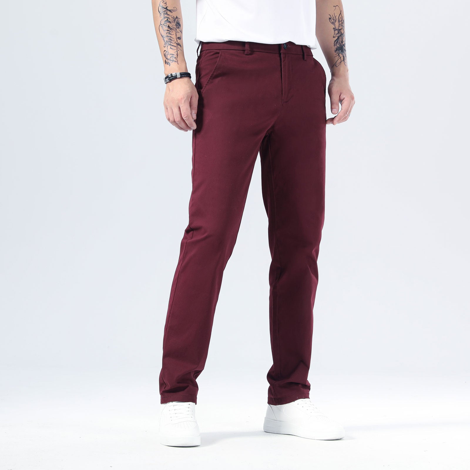 Plaid&Plain Burgundy Men’s Slim - Fit Chinos| Men’s Tapered Chino Pants
