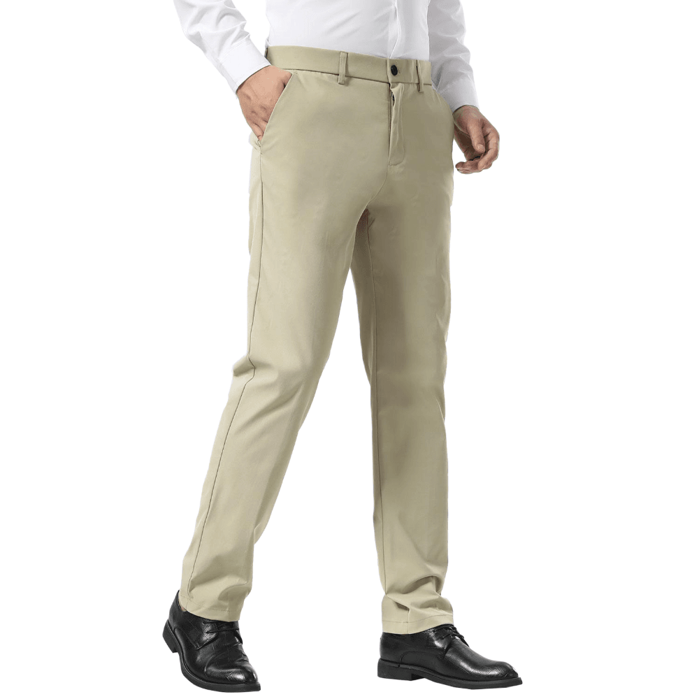 Plaid&Plain Beige Men's Dress Pants | Slim Fit Stretch Comfy Dress Pants - Plaid&Plain-8802-Beige-28x28