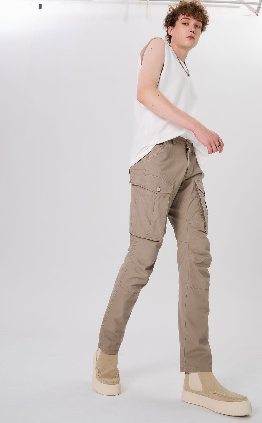 Plaid&Plain Men's Taupe Slim Fit Cargo Pants | Tactical Utility with Articulated Knees | Outdoor Hiking & Workwear