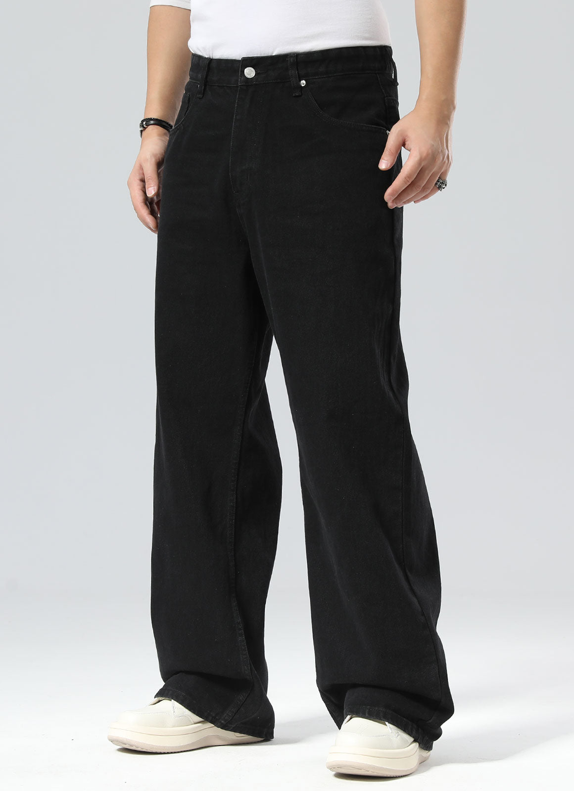 Plaid&Plain Men's Black Baggy Jeans | Wide Leg Denim Pants for Hip Hop & Skateboarding