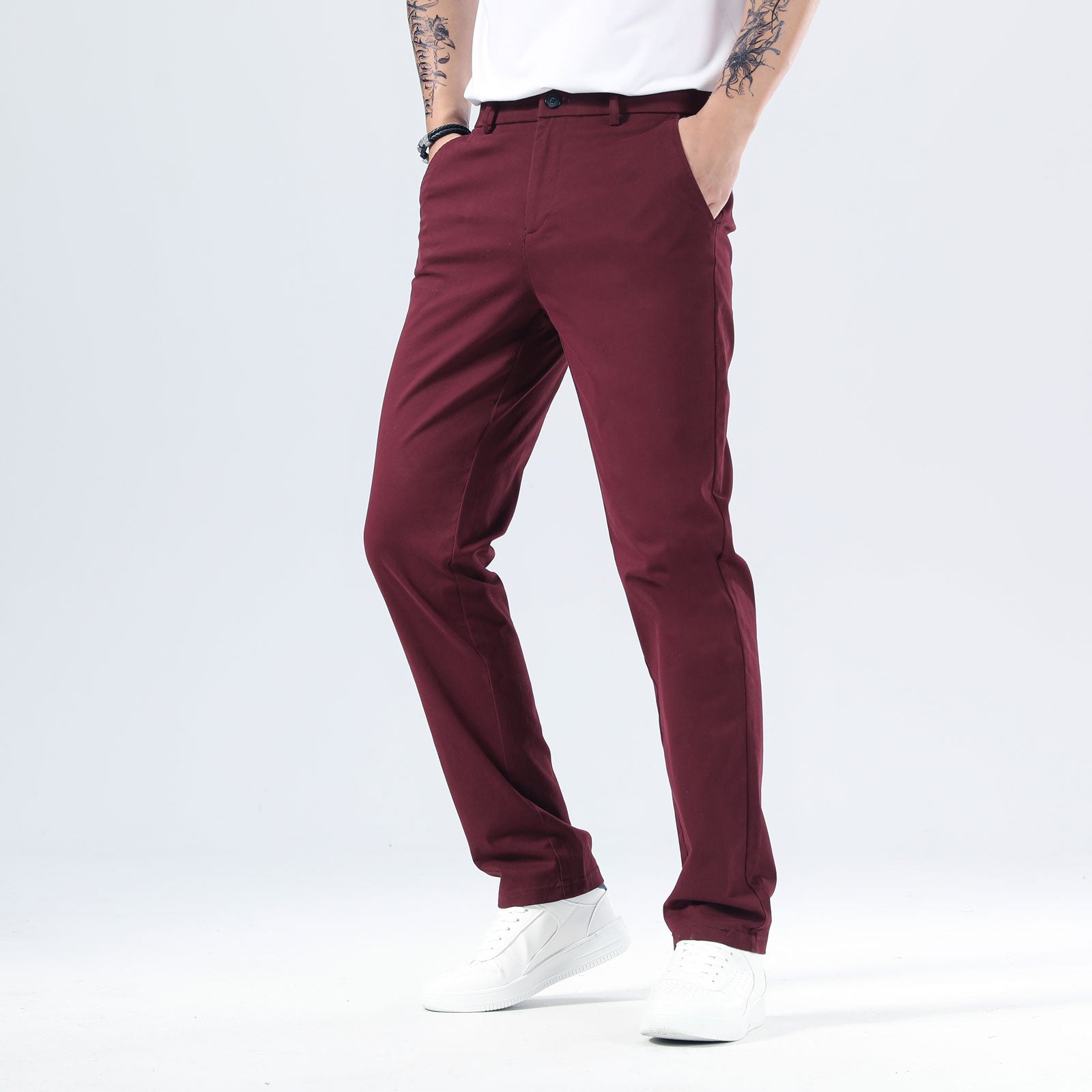 Plaid&Plain Burgundy Men’s Slim - Fit Chinos| Men’s Tapered Chino Pants